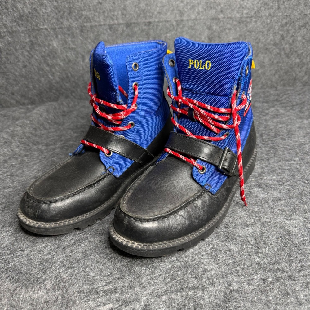 Polo Ralph Lauren Ranger Hi II Boys Boots Black Blue Leather USA Ski Patch 5.5Y